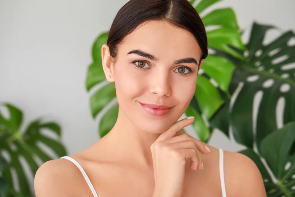 A smiling woman resting a finger on her chin in front of green monstera leaves