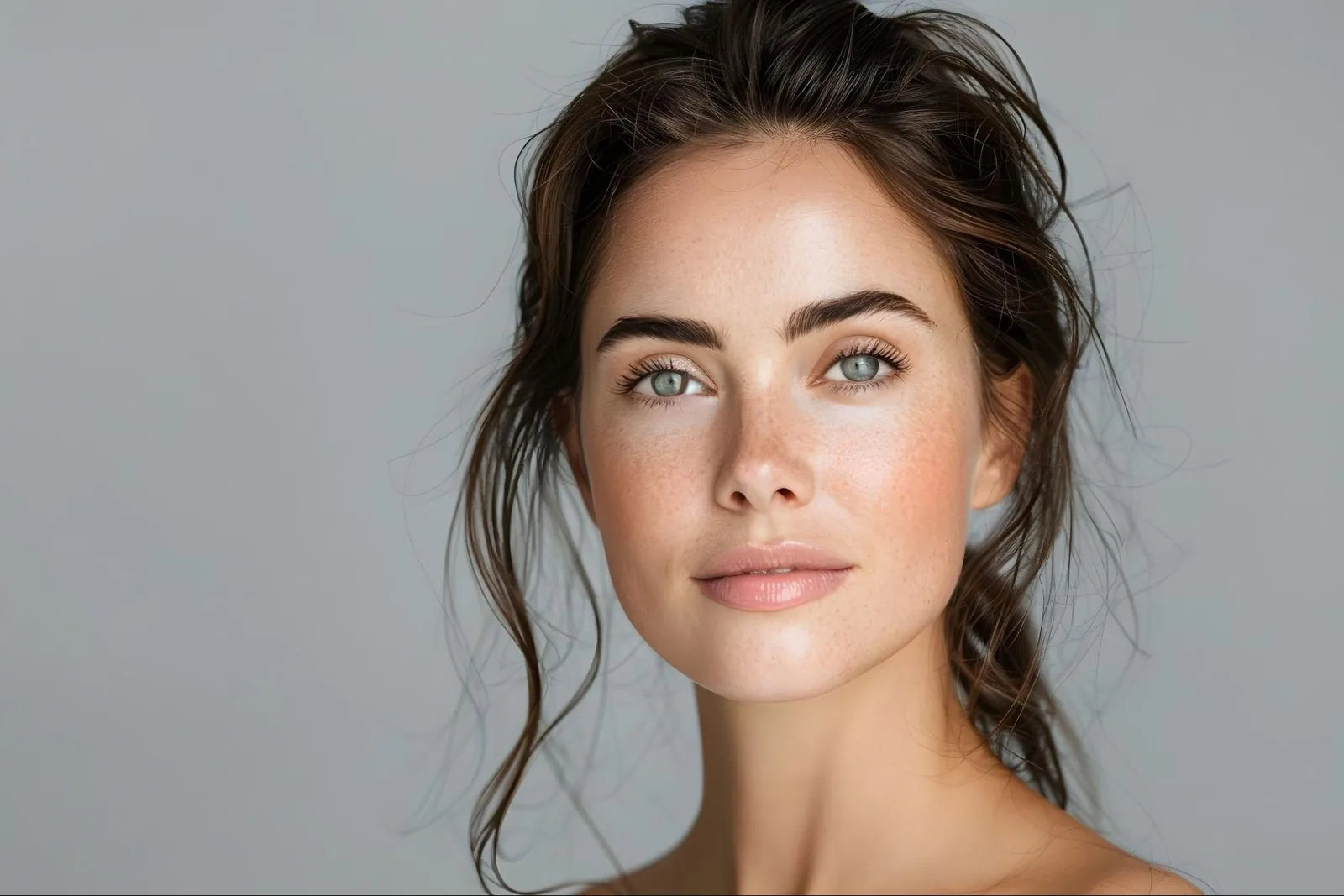 Close-up of a freckled woman with blue eyes and loose brown hair gazing upward