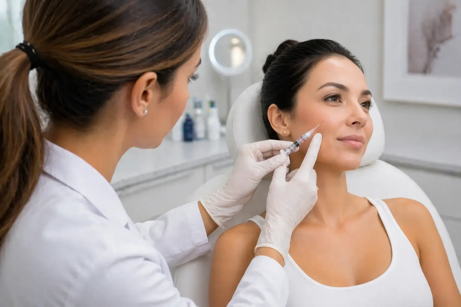 A gloved practitioner holding a syringe to a seated woman's cheek in a bright clinic
