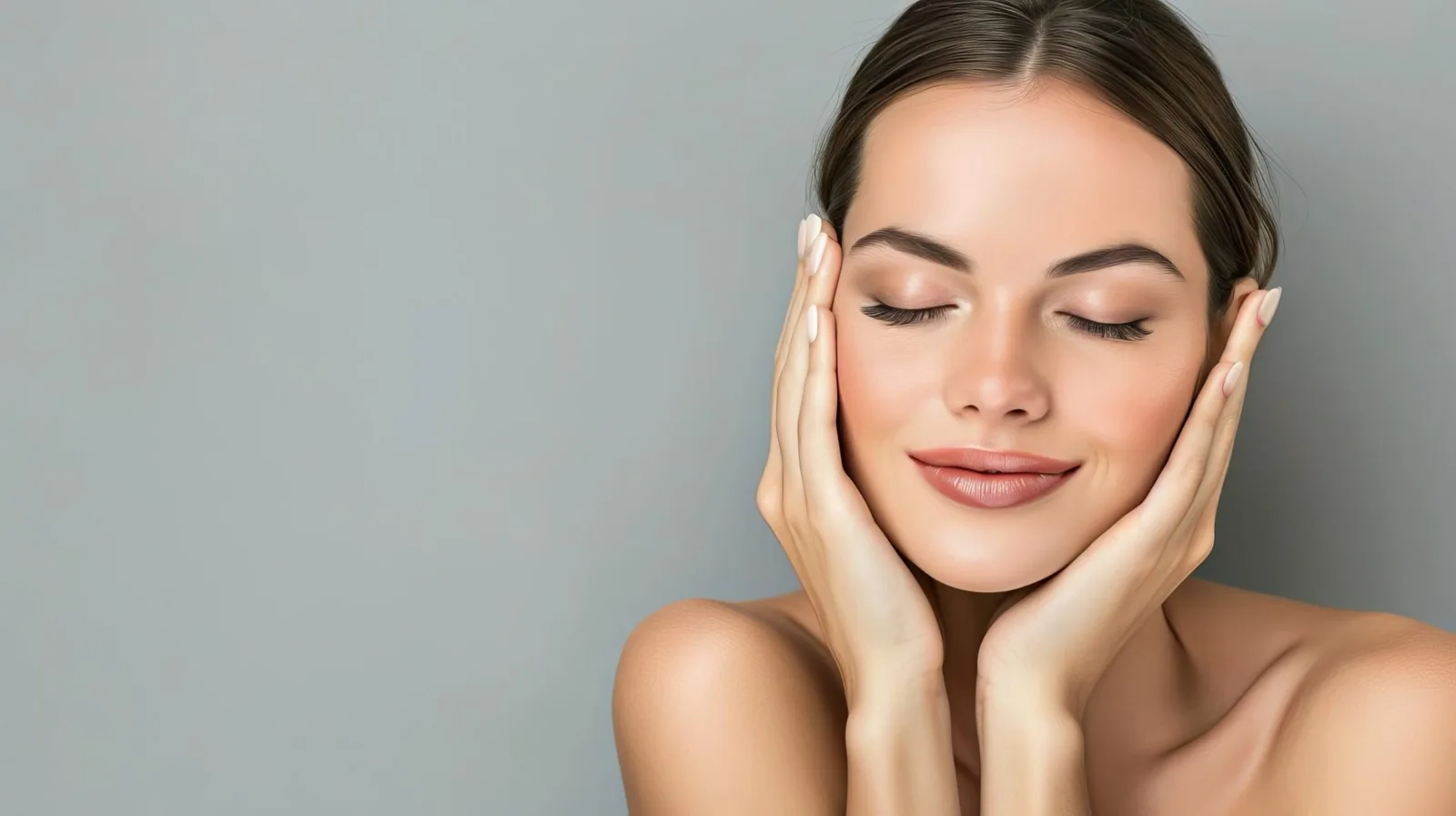A woman with her eyes closed cupping her face in both hands against a grey wall