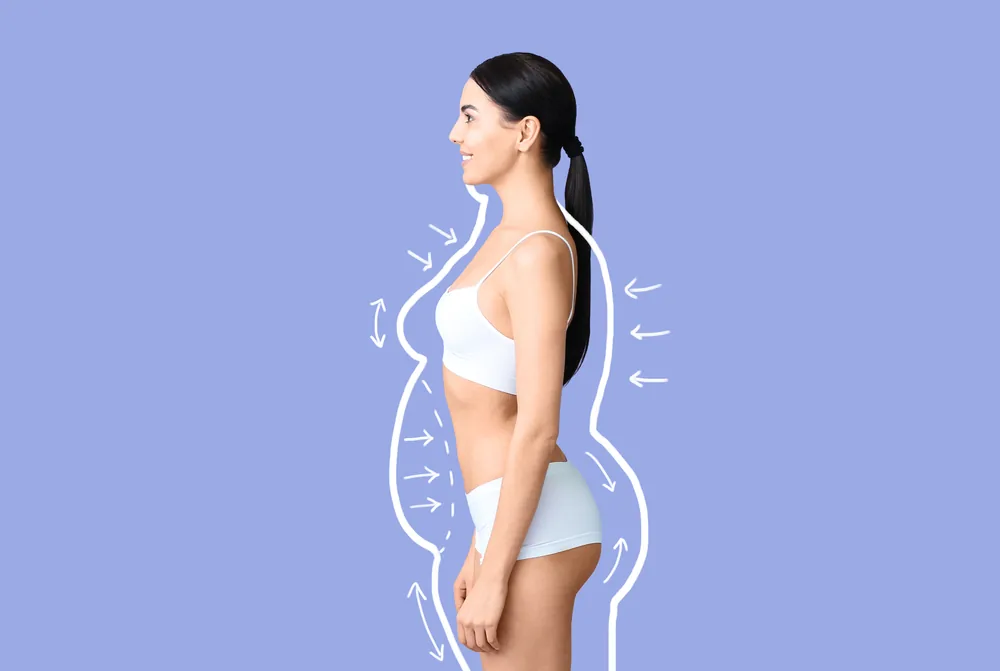 A woman in white underwear in profile with a drawn outline and arrows at her waist