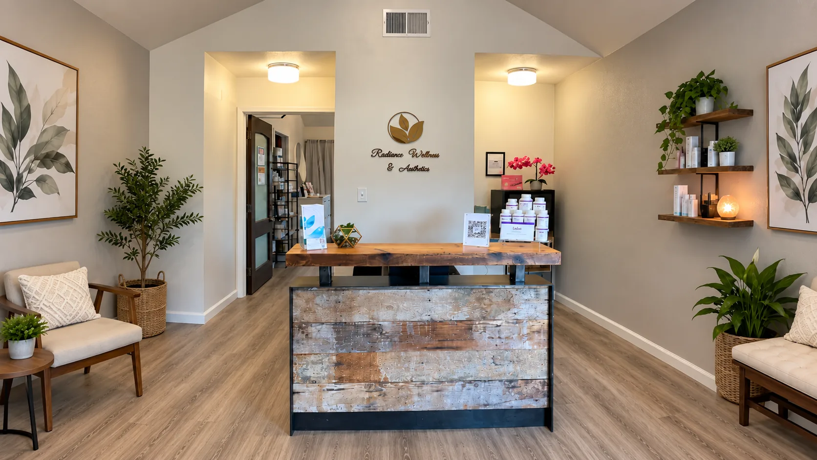 The reception at Radiance East Bay Aesthetics in Pleasanton, with the leaf logo on the wall behind a reclaimed wood desk